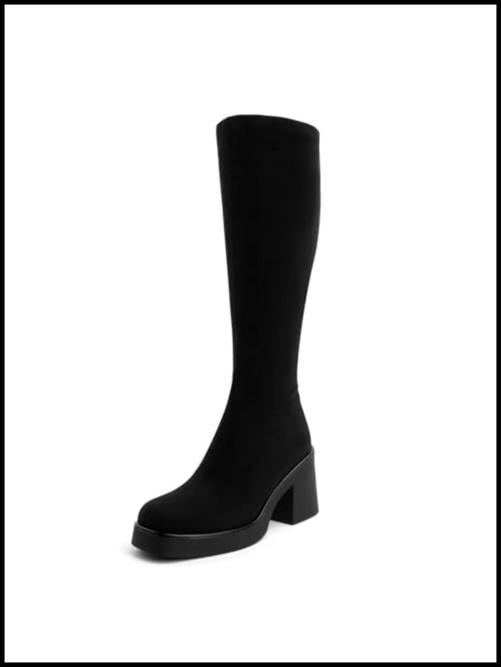 Faux Suede Knee High Boots Platform Square Toe Chunky Heel Side Zipper